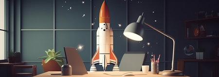 Startup rocket in office interior. 3D Rendering, 3D illustration.の素材