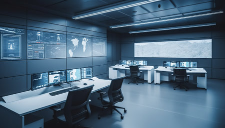 3d rendering of modern office with computers and world map on wallの素材