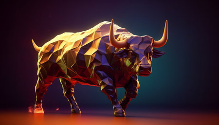 Low poly image of golden bull on dark background. 3D renderingの素材
