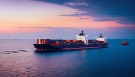 Container Cargo freight ship with working crane bridge at sunset for Logistic Import Export backgroundの素材