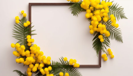 Frame with mimosa flowers on white background. Flat lay, top viewの素材