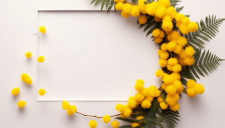 Frame made of mimosa flowers on white background. Flat lay, top view.の素材