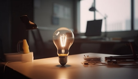 Idea concept with lightbulb on table in office at nightの素材