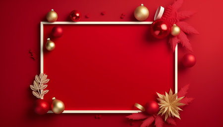 Christmas background with red and gold decorations. 3D illustration. Top view.の素材
