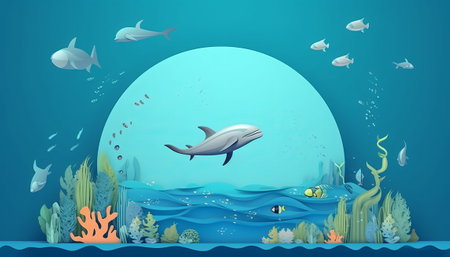 Underwater landscape with a dolphin, corals and fish. vector illustrationの素材
