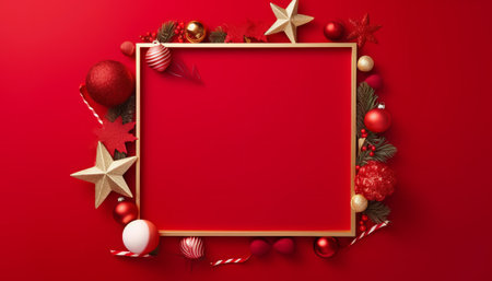Christmas frame with decorations on red background. Top view with copy spaceの素材