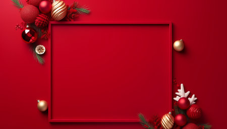 Christmas background with red baubles and fir branches on red backgroundの素材