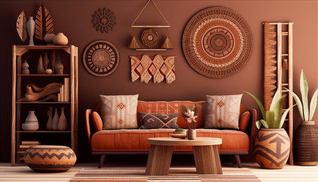 Interior of modern living room with brown sofa, coffee table and decorative ethnic ornaments. 3d renderの素材