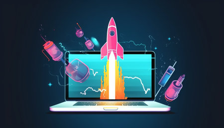 Rocket launch from laptop screen. Vector illustration in blue and pink colorsの素材