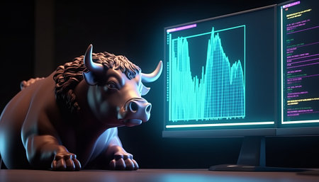 Bull with stock market chart on monitor. 3d rendering. Computer digital drawing.の素材