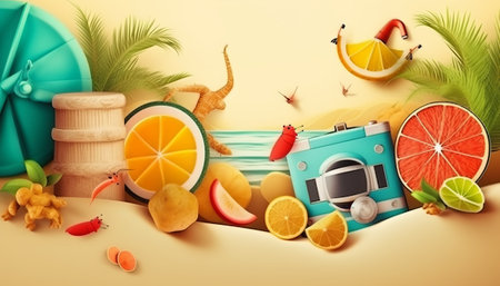 Summer beach background with camera and summer accessories. 3d illustration.の素材