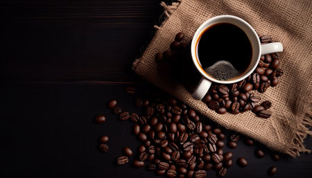 Coffee cup and coffee beans on a black wooden background.の素材