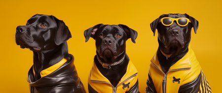 Group of three black labrador retriever dogs in leather jackets on a yellow backgroundの素材