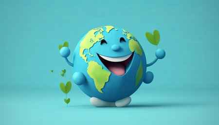 Easter egg character with green earth on blue background. 3D Renderの素材