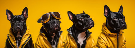 Group of black french bulldog dogs wearing yellow raincoat and sunglasses on yellow backgroundの素材