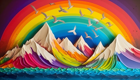 Colorful rainbow background with flying seagulls and mountains.の素材