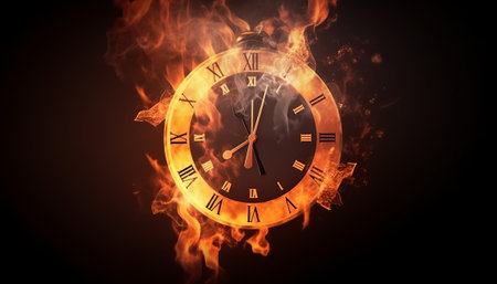 Clock face burning in fire on black background. Time concept. 3d renderingの素材