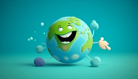 Happy planet earth character on blue background. 3d render illustration.の素材