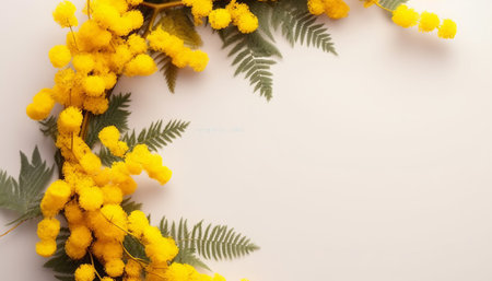 Yellow mimosa flowers on white background with copy space for your textの素材