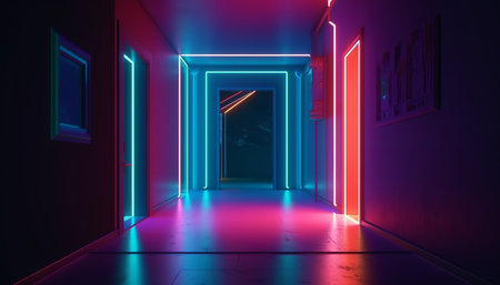 3D rendering. Futuristic hallway with neon lights and reflections.の素材