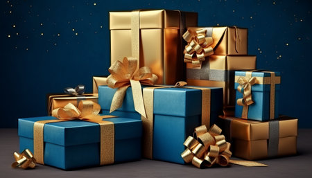 Gift boxes with golden bows on blue background. 3D rendering.の素材
