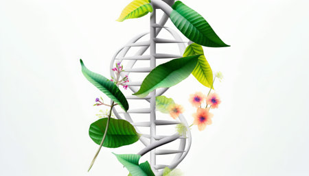 DNA helix with flowers and leaves on white background. Vector illustration.の素材