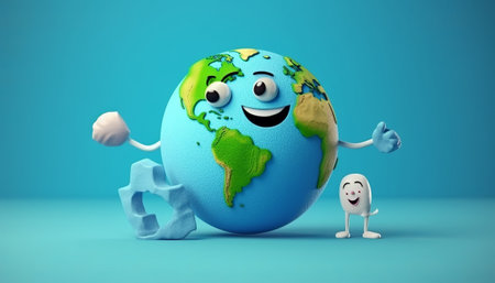 3d illustration of happy easter egg character with family on blue backgroundの素材