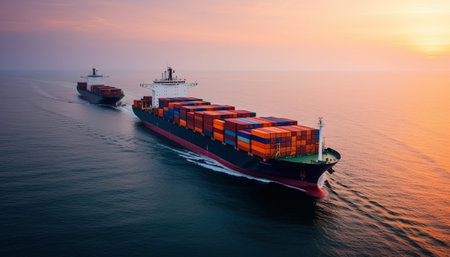 Container Cargo freight ship with working crane bridge at sunset for Logistic Import Export backgroundの素材