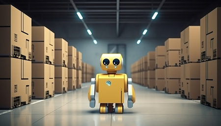 Robot in warehouse. 3d rendering. Robot in warehouse.の素材