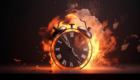 Alarm clock burning in fire. Time concept. 3D renderingの素材