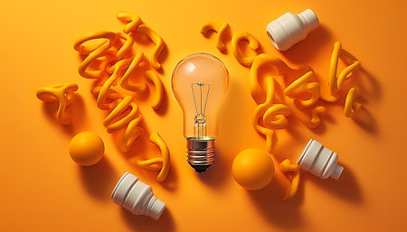 Idea concept with light bulb on orange background. 3d renderingの素材
