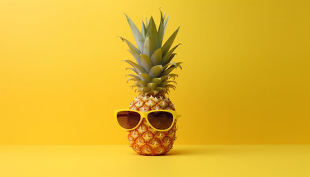 Pineapple with sunglasses on yellow background. Minimal summer concept.の素材