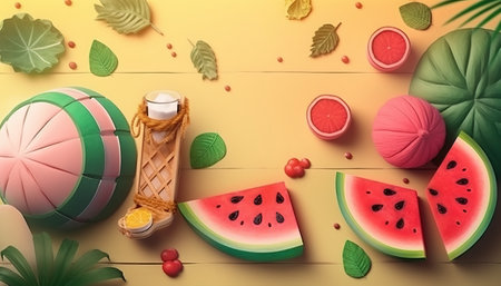 Summer concept with tropical leaves, watermelon and other items on yellow backgroundの素材