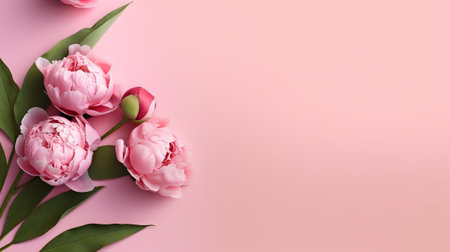 Beautiful peony flowers on pink background, flat lay. Space for textの素材
