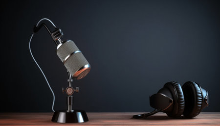 Microphone and headphones on a wooden table. 3D illustration.の素材
