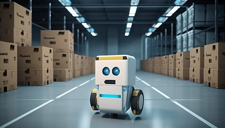 3d rendering robot in warehouse or warehouse with cardboard boxes on floorの素材