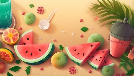 Summer background with watermelon slices, mint leaves, ice cream and tropical fruits on orange background. Vector illustrationの素材