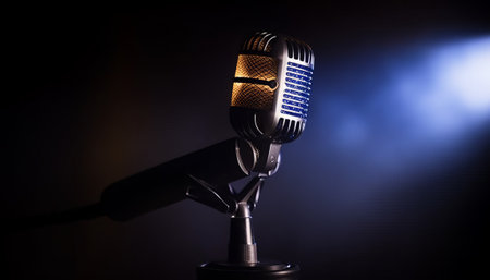 Retro microphone on a dark background. Microphone for singing.の素材