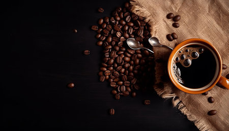 Coffee cup and coffee beans on a black wooden background.の素材