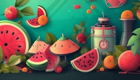 Summer background with watermelons, apples, oranges, berries and a retro alarm clock.の素材