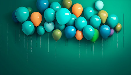 Colored balloons with ribbons on green background. 3D renderingの素材
