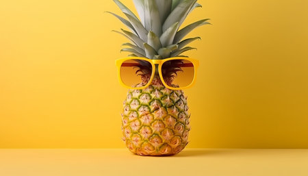 Pineapple with sunglasses on yellow background. Minimal summer conceptの素材