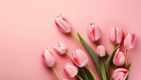 Bouquet of pink tulips on pink background with copy spaceの素材