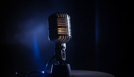 Microphone on stage with smoke and light on background. Music conceptの素材