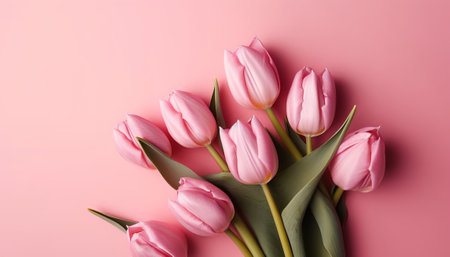 Bouquet of pink tulips on a pink background, top viewの素材