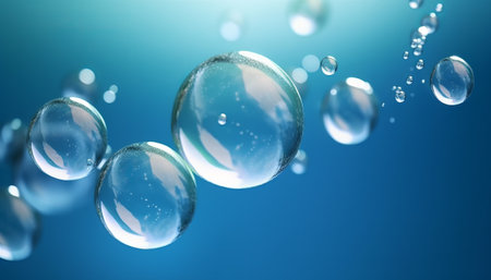 Water drops on a blue background. 3d rendering, 3d illustration.の素材
