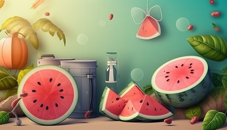 Watermelon background with fresh watermelon fruits and ice cream in paper cut style vector illustrationの素材
