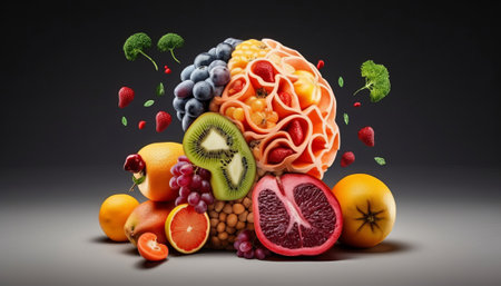 Fruit and Vegetables in Shape of a Human Brain on Dark Backgroundの素材