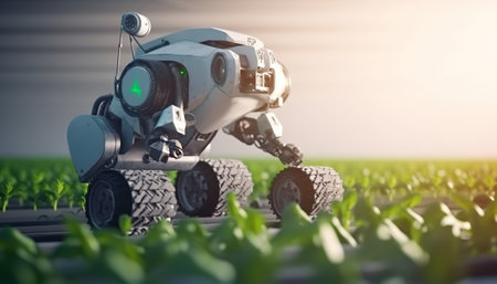 3D rendering of a robot on a green field. Technology concept.の素材