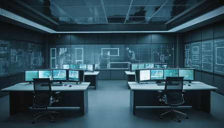 Modern CCTV cameras in surveillance room. Toned image. 3D Renderingの素材